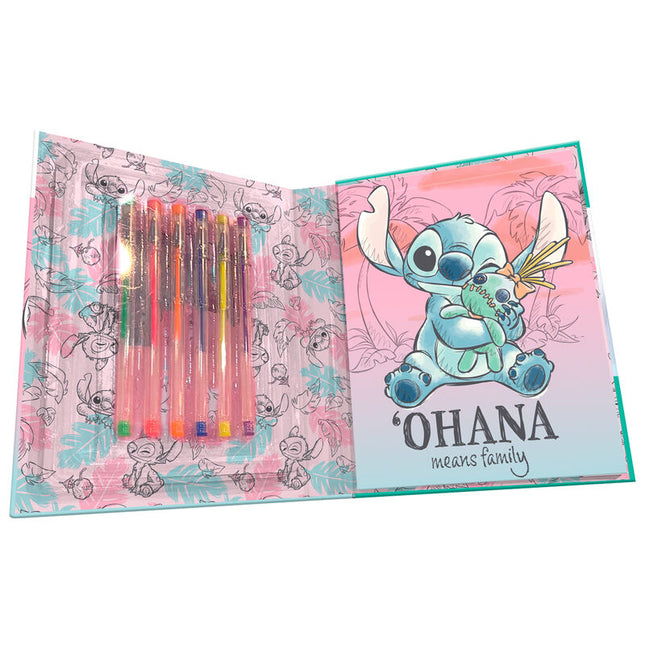 Blister cuaderno actividades 6 boligrafos gel Stitch Disney