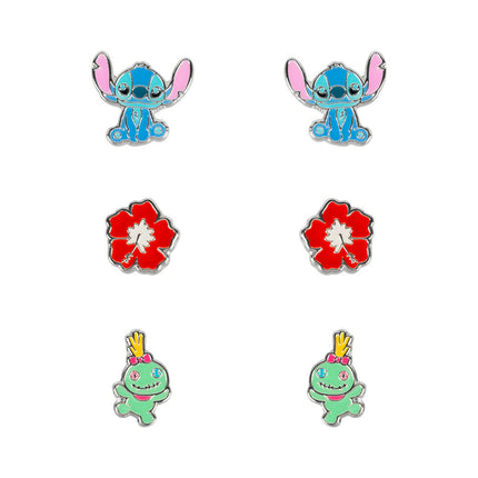 Set 3 Pares de pendientes Stitch Disney plata